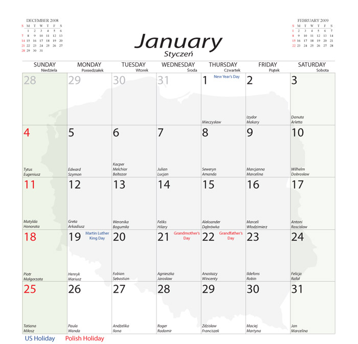 2009 12-month Calendar with U.S. Canada Holidays .